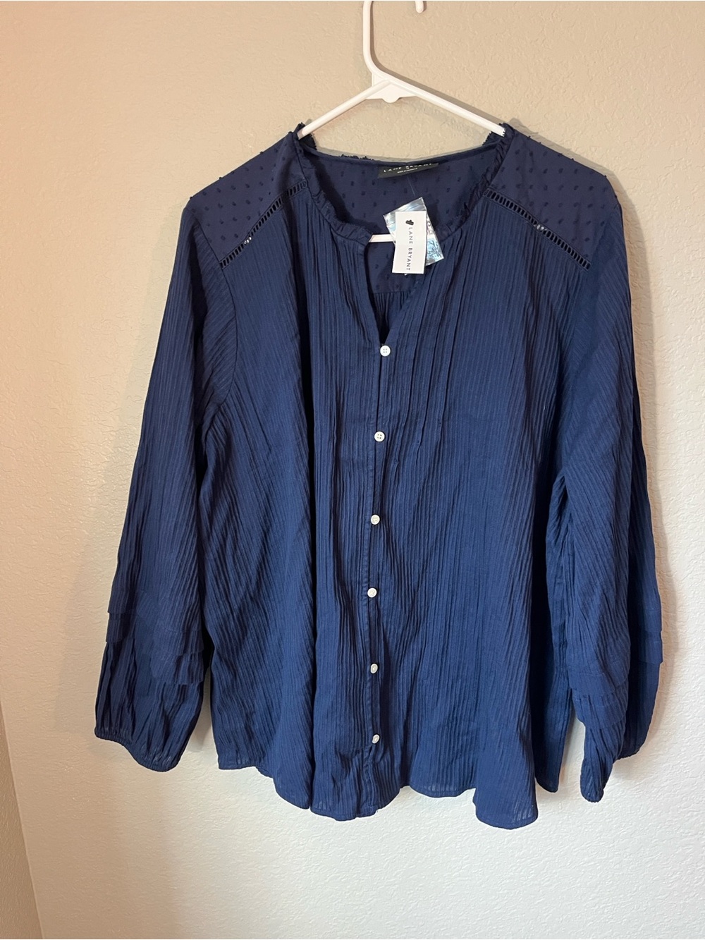NWT Lane Bryant 18 Navy Cotton Gauze Swiss Dot Boho Ruffle Blouse Office Casual